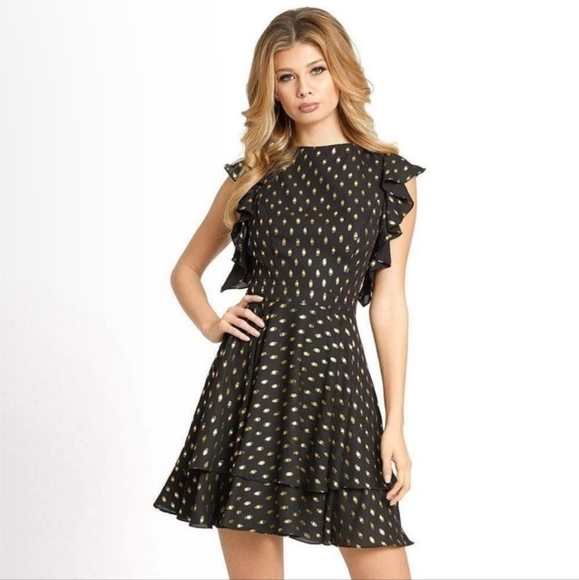 NWT IEENA for Mac Duggal Black & Gold Dot Tiered Ruffle Dress - 12 - Picture 7 of 16